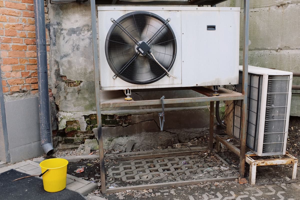 Unità esterne di condizionamento installate su supporti metallici contro un muro in mattoni e cemento.